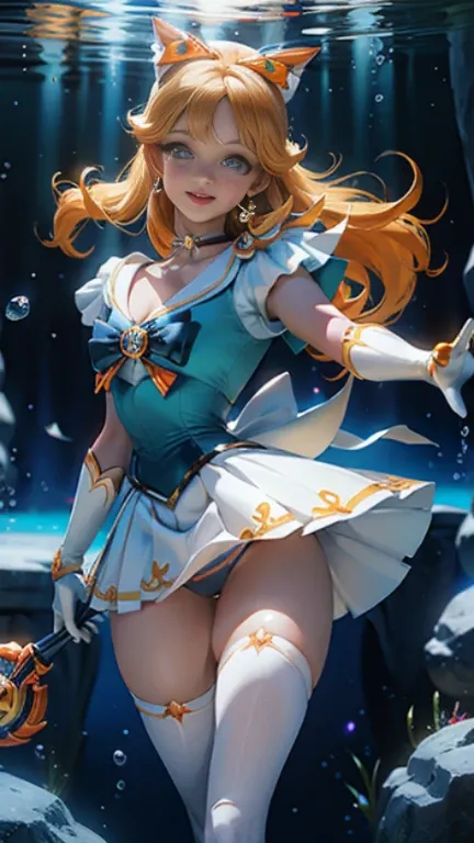 (La mejor calidad,A high resolution,Ultra - detallado,actual),Ariana Grande es, solo,(sailorvenus:1.4) , xsuperuniformx, (heartbrooch:0.3), choker, circlet, hair bow , gloves, pleated skirt, standing ,, , smile fang,underwater, ,( ciberpunk 2.1), (dedos de...