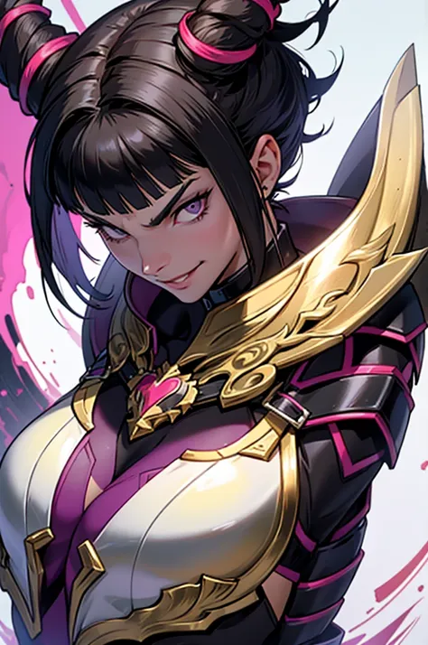 mulher jovem,short black hair , badass , full ancient armor,coxas torneadas,evil smile,juri han,chifres de cabelo