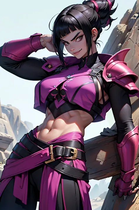 mulher jovem,short black hair , badass , full ancient armor,coxas torneadas,Evil Smile,juri han,chifres de cabelo
