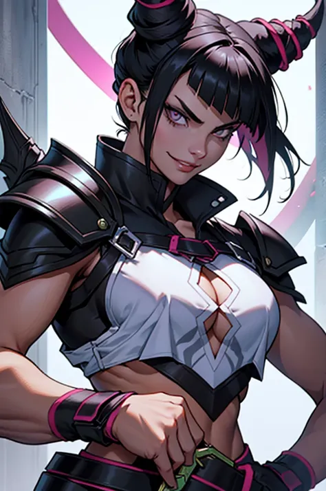 mulher jovem,short black hair , badass , full ancient armor,coxas torneadas,Evil Smile,juri han,chifres de cabelo
