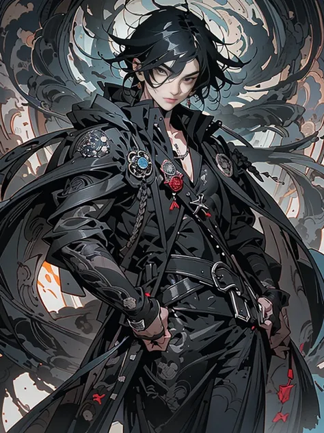 (((1man))) wearing a ((best quality)) leather coat, ((medium black hair)) styled in an emo fashion, and vibrant black eyes that ((look at the viewer)) with intensity. This ((masterpiece)) showcases the ((fantasy aesthetics)) of the ((shadowverse style)) wi...