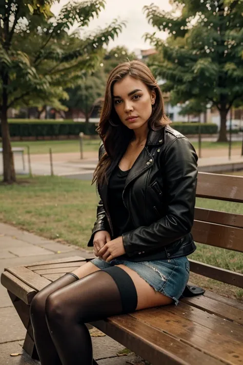 Make a girl in a leather jacket and sitting on a bench and dog  Bull mastiff next to her