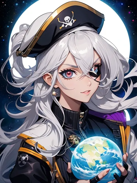 1 Female, Space pirate woman, A Cheerful Female Pirate from Space, Characterized by pirates, Gorgeous pirate costume, Eye patch, Captain hat with skull ornament,  white silver hair, curly hair, thin eyebrow, flashy pupils, glossy lips, glossy makeup, 
Spac...