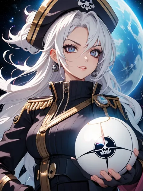 1 Female, Space pirate woman, A Cheerful Female Pirate from Space, Characterized by pirates, Gorgeous pirate costume, Eye patch, Captain hat with skull ornament,  white silver hair, curly hair, thin eyebrow, flashy pupils, glossy lips, glossy makeup, 
Spac...