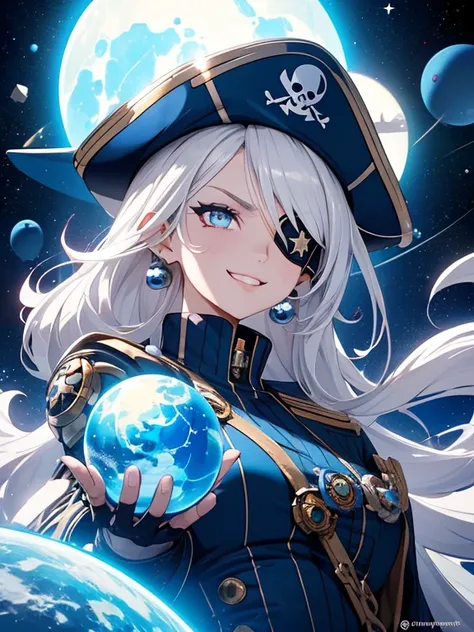 1 female, space pirate woman, a cheerful female pirate from space, characterized by pirates, gorgeous pirate costume, star-shape...