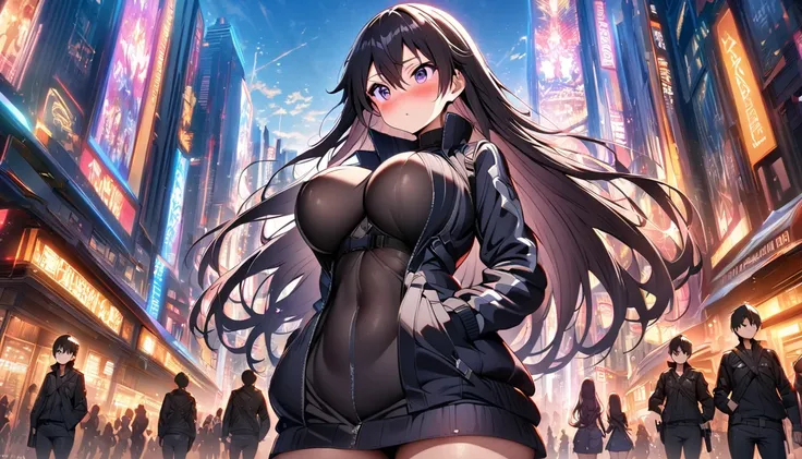 Kirito, Gun Gale Online Black Swordsman Costume Overthrow Jacket Black Shirt Breastplate, blush, Extra large breastst Breast expansion A person with purple eyes and long hair stands in a sci-fi city HDR vibrant colors, soft lighting full-body shot