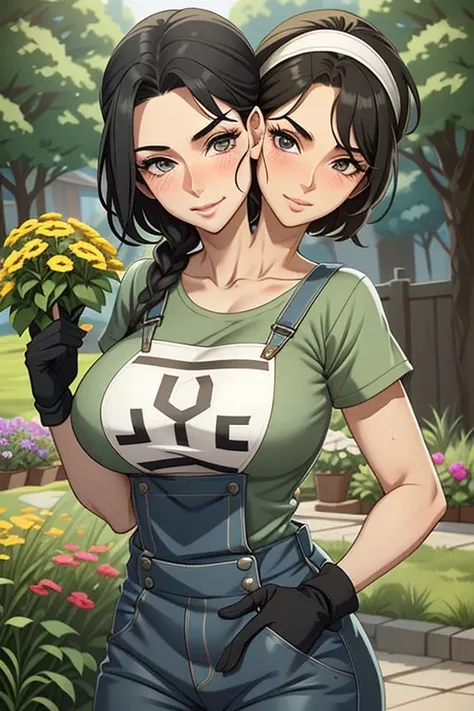 2heads, a tall thin woman with two heads. She is outside in a garden, she is gardening. She is very tall. She is very skinny. She has short black hair in a bun. She looks mature. She has very thick full lips. She is wearing overalls with a colorful T-shirt...