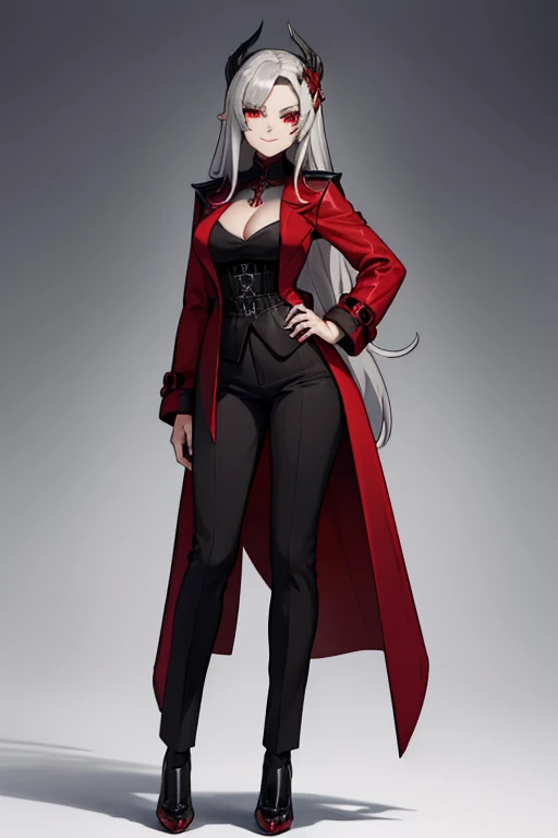 female, silver long hair with black highlights, red eyes, (((1girl))), (((red gothic coat))), (black shirt), (red pants), (black dress shoes), cute and sexy, full body, large breasts, large butt, long legs, smiling