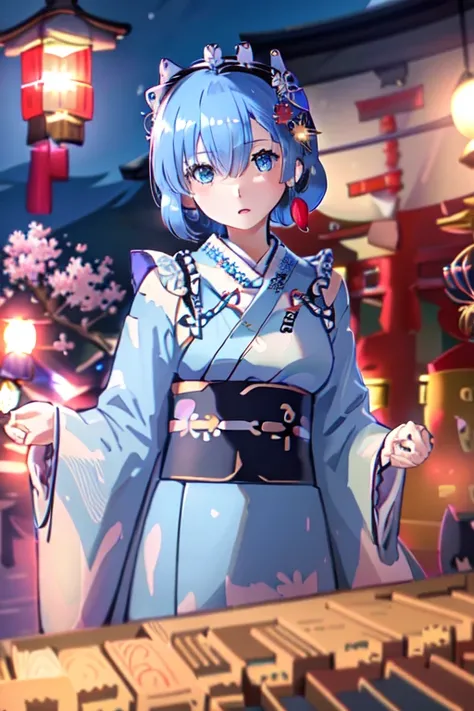 (masterpiece:1.6, highest quality), (Beautiful, detailed eyes: 1.2), ph_Rem, Remhd, One girl, Blue Hair, alone, blue eyes, ,(kimono:2.0), kimono, Outdoor, jewelry, Purple eyes, Earrings, chest, torii, cherry blossoms, Lantern Light, East Asian architecture...