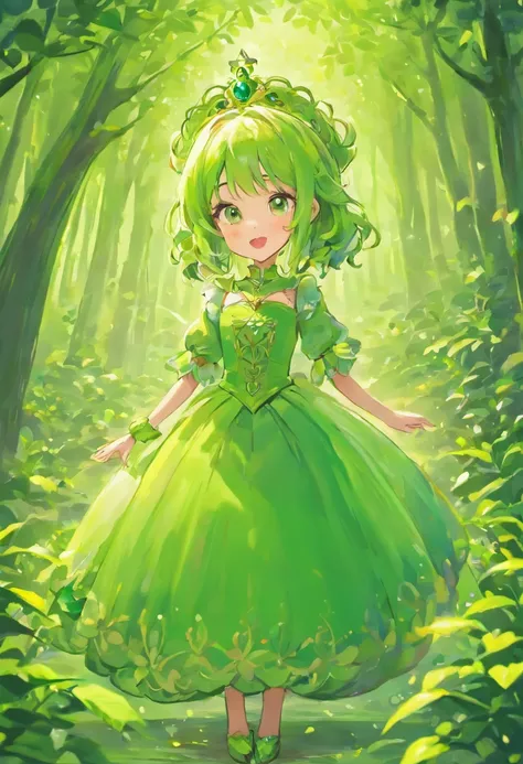 masterpiece，I narrow my eyes and keep panting, highest quality, Slim 3, Green skin, Slime Girl, Green hat, Green Dress, Large Breasts, Displaying the viewer, From below, Be hungry, Grass, Green tree々, Field, False Smile, Furrow one&#39;s brow，Princess，Prin...