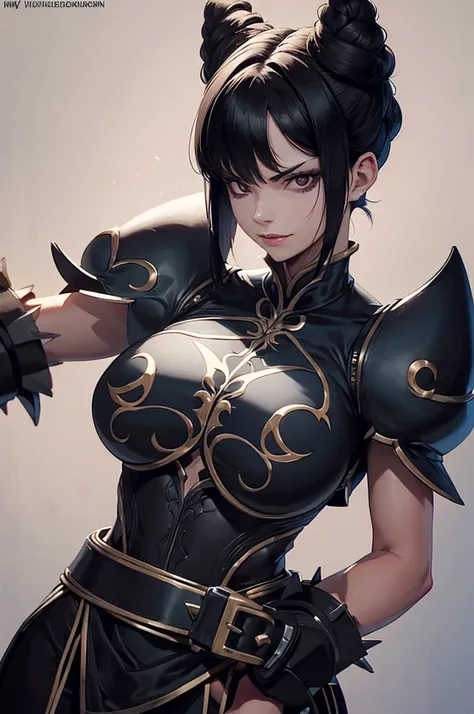 mulher jovem,short black hair , badass , full ancient armor,coxas torneadas,Evil Smile,juri han,chifres de cabelo,detalhes do corpo
