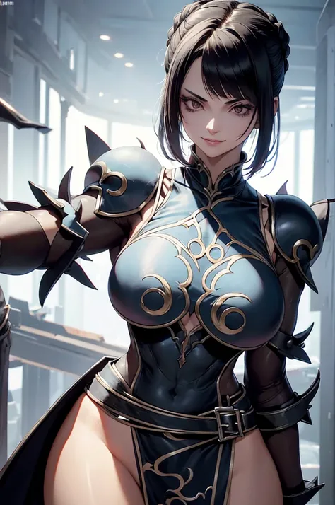 mulher jovem,short black hair , badass , full ancient armor,coxas torneadas,Evil Smile,juri han,chifres de cabelo,detalhes do corpo
