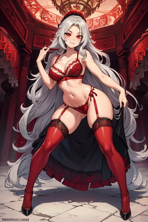 female, silver long hair with black highlights, red eyes, (((1girl))), (((red lace bra))), (red lace panties), cute and sexy, full body, large breasts, large butt, long legs, smiling