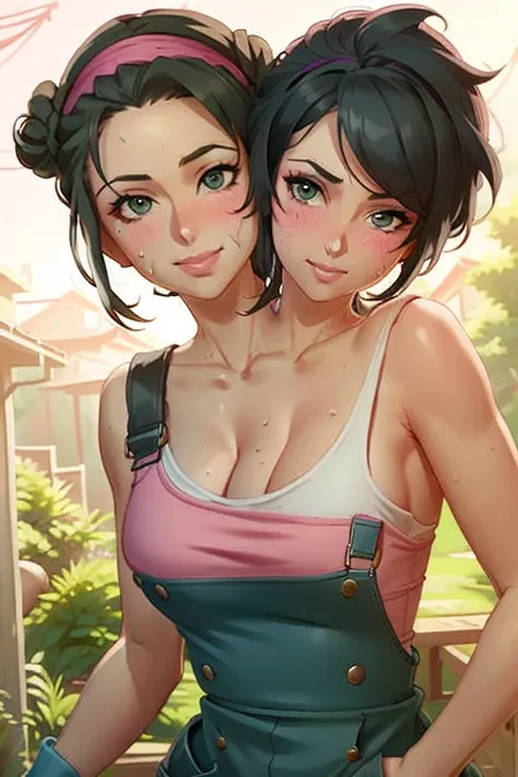 2heads, a tall thin woman with two heads. She is outside in a garden, she is gardening. She is very tall. She is very skinny. She has short black hair in a bun. She looks mature. She has very thick full lips. She is wearing overalls with a pink T-shirt und...