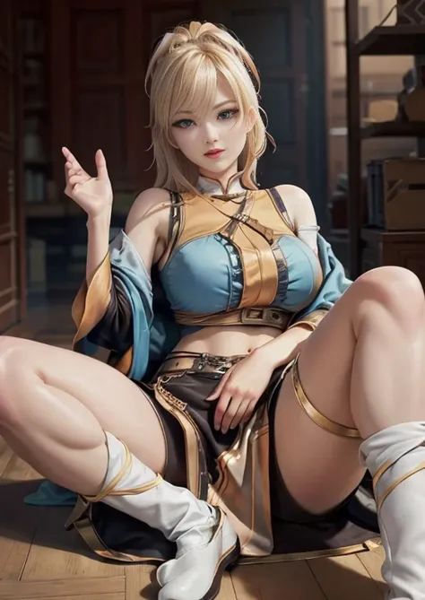 best quality, realism, real, photo: 1.4), Ji Xiaoman, Blond, blue eyes, hand on belly, big breasts, large breasts, thick legs, thights, sitting, knees up, open legs, real, photo"