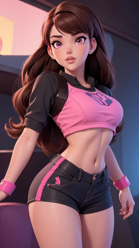 18 year old, brown hair, pink eyes, cute pose, d.va, very short shorts, crop top