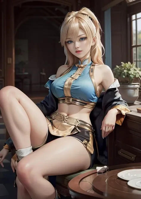 best quality, realism, real, photo: 1.4), Ji Xiaoman, Blond, blue eyes, hand on belly, big breasts, large breasts, thick legs, thights, sitting, knees up, open legs, real, photo"