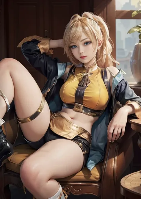 best quality, realism, real, photo: 1.4), Ji Xiaoman, Blond, blue eyes, hand on belly, big breasts, large breasts, thick legs, thights, sitting, knees up, open legs, real, photo"