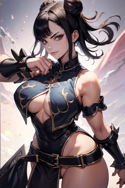 mulher jovem,short black hair , badass , full ancient armor,coxas torneadas,Evil Smile,juri han,chifres de cabelo,detalhes do corpo
