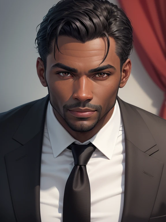 create a drawing of a close-up of a man wearing a black suit with a red tie, black man, 4k, comic babes