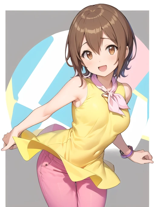 highest quality, masterpiece, high resolution, detailed, perfect anatomy,  hikaridigi,  yellow dress, pink pants, happy, woman