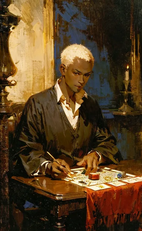 impressionism painting, realistic, 1 boy, fortune teller, tarot cards at the table, i&#39;m looking at the viewer, dark skin, my...