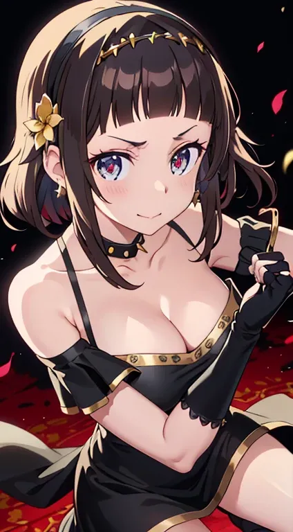 yor briar, anime style beutiful woman, 1girl, happy, sexy pause,(with sparkling eyes and a contagious smile:0.9),red face, closed mouth, beautiful detailed eyes, super detailed skin, backlighting, bare shoulders, black background, black dress, black gloves...