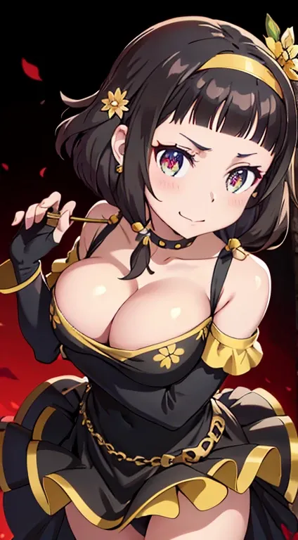 yor briar, anime style beutiful woman, 1girl, happy, sexy pause,(with sparkling eyes and a contagious smile:0.9),red face, closed mouth, beautiful detailed eyes, super detailed skin, backlighting, bare shoulders, black background, black dress, black gloves...