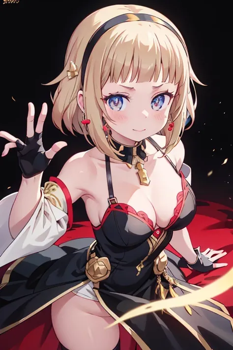 yor briar, anime style beutiful woman, 1girl, happy, sexy pause,(with sparkling eyes and a contagious smile:0.9),red face, closed mouth, beautiful detailed eyes, super detailed skin, backlighting, bare shoulders, black background, black dress, black gloves...