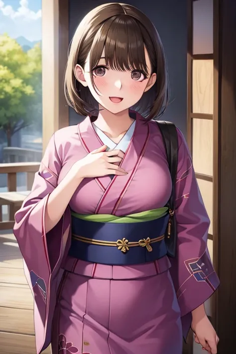 One girl, alone, chest, smile, short_hair, Open_mouth, 前hair, Brown_hair, , Brown_eye, meisium_chest, hair, upper_boisy, :is, hairbanis, Japanese_Clothes, meisium_hair, kimono, paroisy, yukata, pink pattern_kimono,Cowboy Shot 