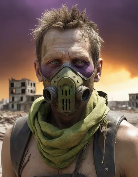 "Create an ultra-realistic half-body portrait of a man living in a post-apocalyptic world. His eyes should be depicted as vivid green, and his skin should appear dirty and weathered. He should be dressed in tattered rags, with a piece of cloth covering his...