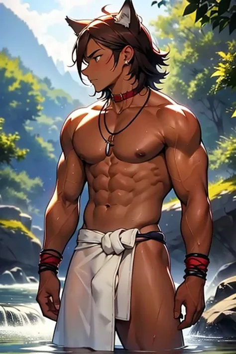 野性的なBrown skinの狼獣人の部族の細マッチョな奴隷少年、Brown skin、barefoot、barbarian、Catching fish in the river、Ankle Accessories、Wolf Ears、Wearing an ivory necklace、Wearing a loincloth、Short Hair、Tattered Loincloth、Iron Collar、profile