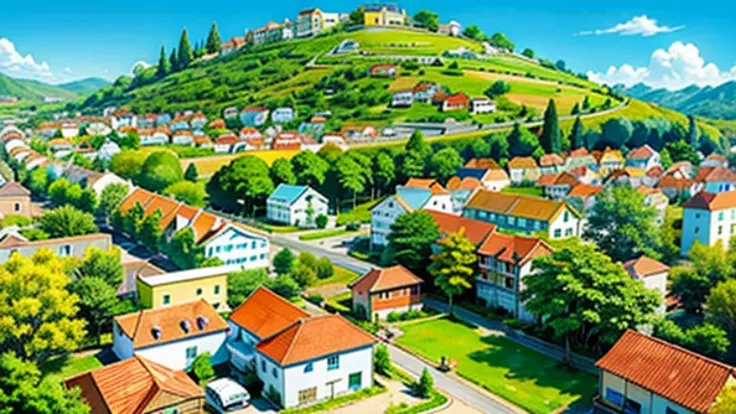 An aerial panoramic view of a charming village, com casas pintadas em cores vivas e jardins que parecem levemente descuidados, waiting for more attention. The scene is of a sunny and peaceful day, com algumas pessoas passeando pelas ruas estreitas.