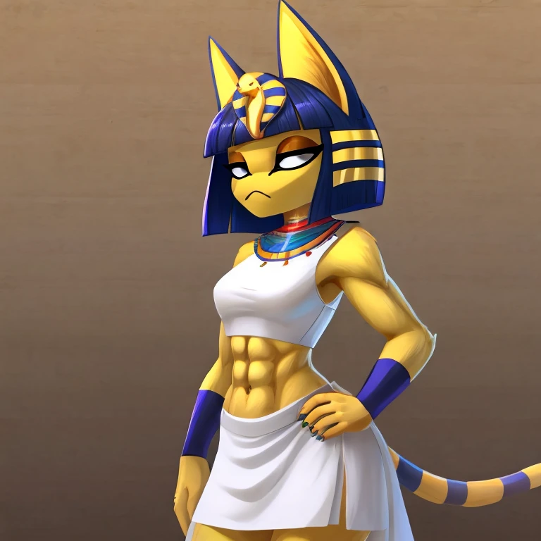 a digital artwork of ankha with abs wearing a crop top of her white sleeveless dress with white dress skirt, a bare midriff and ...