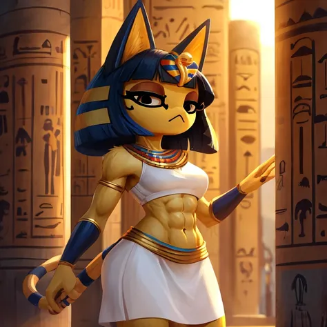 a digital artwork of ankha with abs wearing a crop top of her white sleeveless dress with white dress skirt, a bare midriff and ...