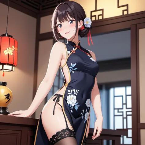 High resolution, adult woman , good lighting, despicable, , (No nudity), (((China dress))), (()), ((())), (garter belt), abdomen only, (),  ,  cute face, I&#39;m embarrassed and blush, humiliating, ((turn around and look back)), ((See-through))()(T-back)(a...