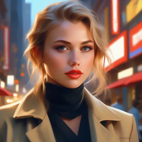 portrait photograph of a srstjms ,  as a movie star, blonde, red lipstick, turtleneck sweater, buttoned up jacket, (trousers), modelshoot style, (extremely detailed CG unity 8k wallpaper), photo of the most beautiful artwork in the world, professional maje...