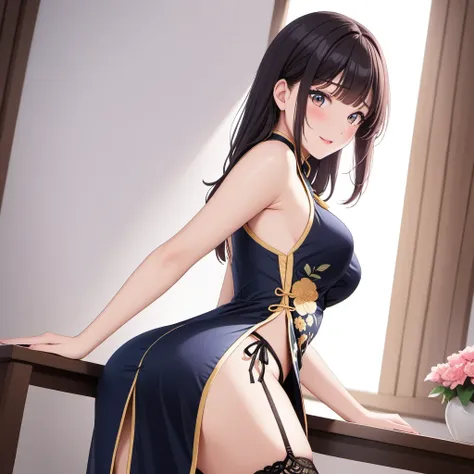 High resolution, adult woman , good lighting, despicable, , (No nudity), (((China dress))), (garter belt), abdomen only, cute face, Im embarrassed and blush, humiliating, ((turn around and look back)), ((See-through))(T-back)(a large amount of  is on the b...