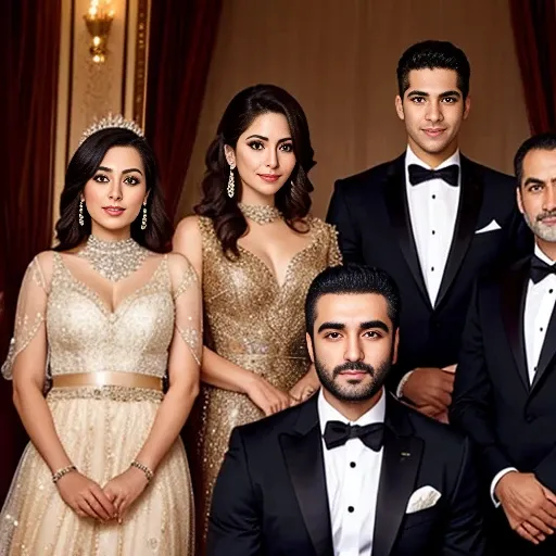 group of lebanese group gathered in formal wear, focus on face.