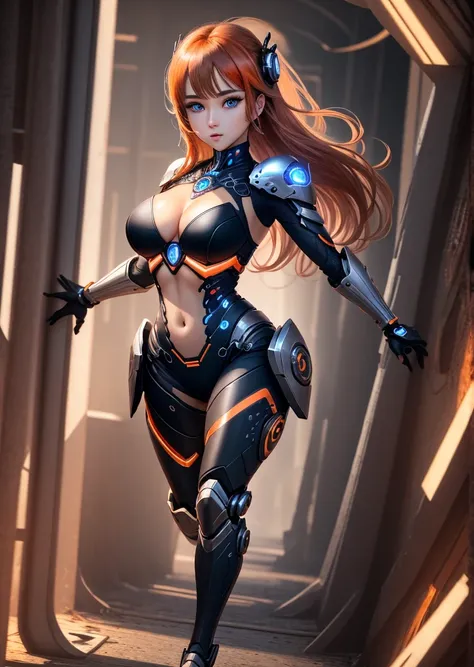 best quality, 8k, photography, beautiful eyes, detailed eyes, giant 3d printer, 1girl, cyborg, full body, perfect body, running, medium breasts, top viewer, orange and black armor