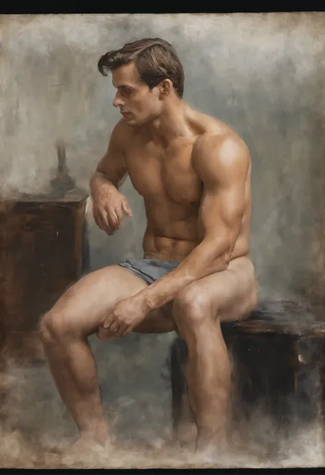 sketch, 20 yo male figure study, young muscle-bound jock, standing, full stocky body, completely naked, totally , , sans clothing, au natural, covering crotch with a white towel, bare butt, crowded gym shower with spraying showers and showering men in back...