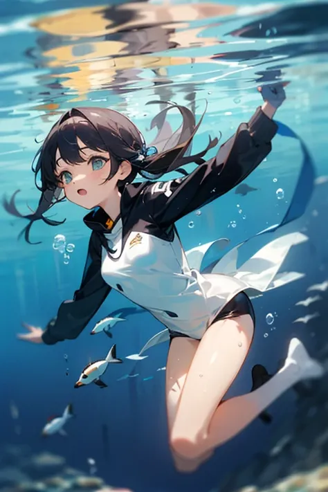 14 year old girl swims underwater。Girl dressed as a penguin。