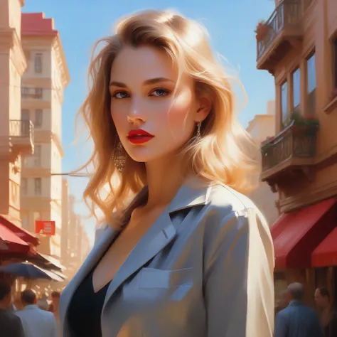 portrait photograph of a srstjms ,  as a movie star, blonde, red lipstick, turtleneck sweater, buttoned up jacket, (trousers), modelshoot style, (extremely detailed CG unity 8k wallpaper), photo of the most beautiful artwork in the world, professional maje...