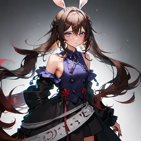 Beautiful girl with brown hair and light blue eyes, possessing long brown rabbit ears, hair tied back revealing bangs that reach up to her forehead. Wearing black medical clothing, she gazes intently at me with a  frame, in an anime style. Prioritize best ...