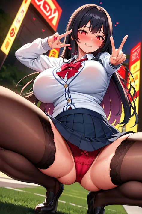 (nsfw),masterpiece,ultra detailed,sharp focus,4k digital art,high resolution,seductive anime girl,front shot,(v sign with both hands:1.5),(happy and blushed:1.7),,tareme,(adult beautiful face,curvy adult body:1.3),(from below,upskirt:1.4),(school cardigan:...