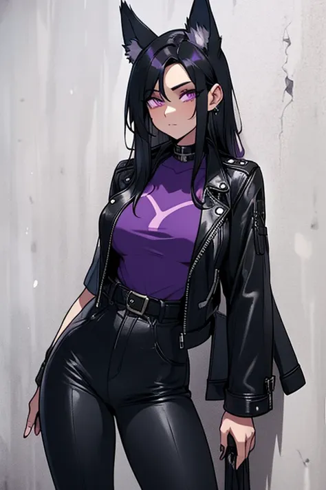 A black haired woman with purple eyes and an hourglass figure with black fox ears and a black fox tail in a cool leather jacket and jean outfit is leaning against a wall. 