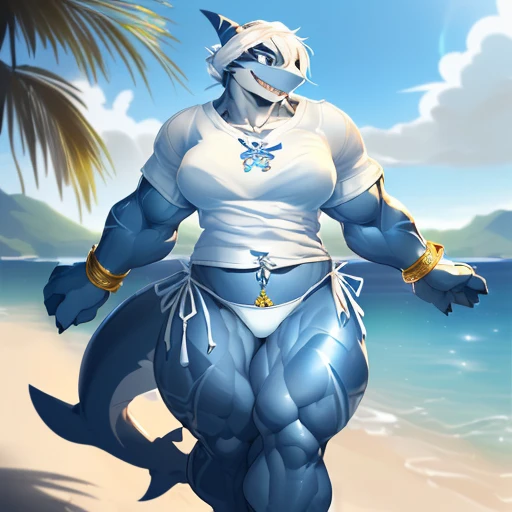 hi res,(((shark, finless shark))), (((not furry))), anthro, (((hair(head)))), aqua blue eyes, (((panties bottom))), ((((((( side-tie panties, ))))))), (((( female, muscular, muscular anthro, muscular female, slim, Skinny)))), female, muscular, muscular ant...