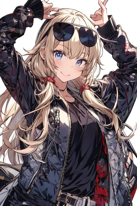 anime girl risque outfit yet cover skin, posing for photoshoot, masterpiece, best quality, high quality, wearing sunglasses near nose, one eye open, smiling