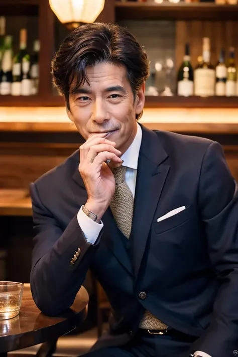 realism, 8k Full Length Portrait, a handsome guy, A 55-year-old dandy man in a suit, Attractive look, Detailed facial details, Tokyo 8 Cities, Winters, Drinking wine at a wine bar