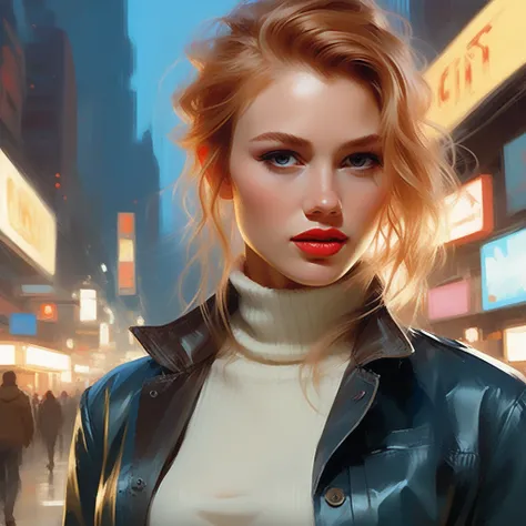 portrait photograph of a srstjms ,  as a movie star, ginger, very detailed cyan eyes, red lipstick, turtleneck sweater, buttoned up jacket, (trousers), modelshoot style, (extremely detailed CG unity 8k wallpaper), photo of the most beautiful artwork in the...